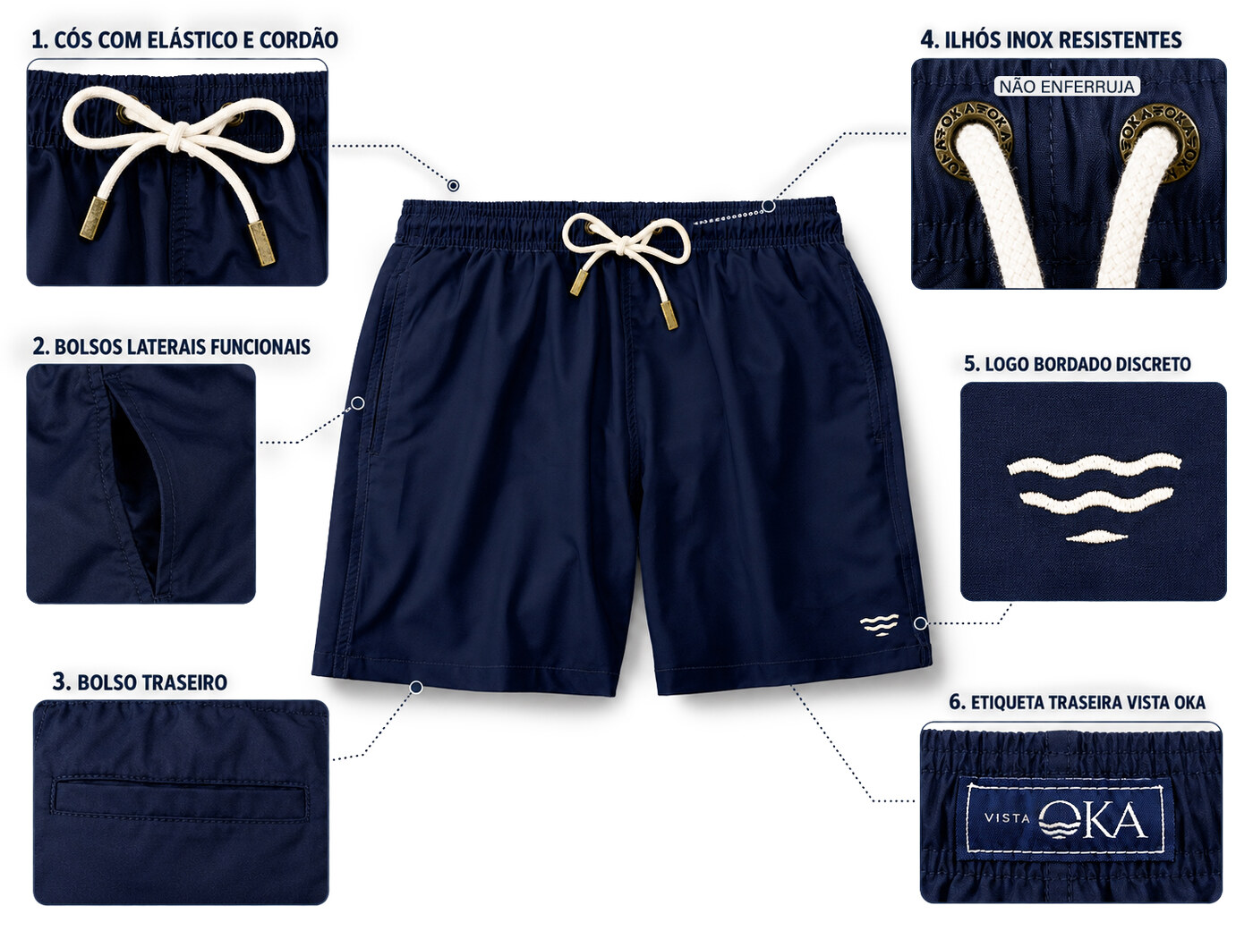 Detalhes de qualidade do short liso VistaOka