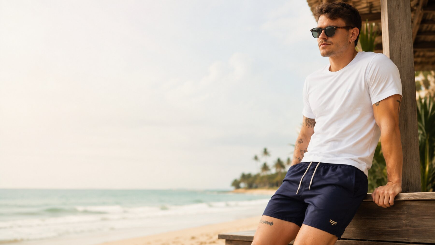 Modelo usando short liso VistaOka na praia